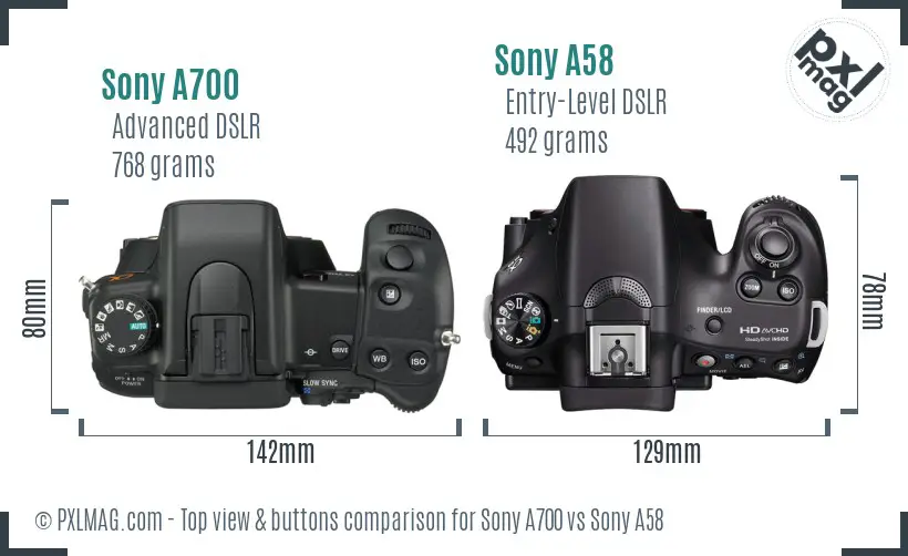 Sony A700 vs Sony A58 top view buttons comparison