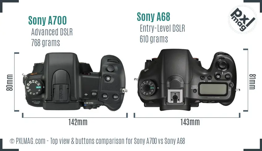 Sony A700 vs Sony A68 top view buttons comparison