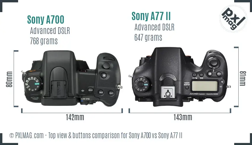 Sony A700 vs Sony A77 II top view buttons comparison