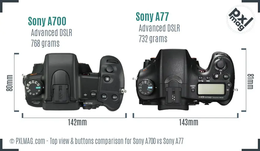 Sony A700 vs Sony A77 top view buttons comparison