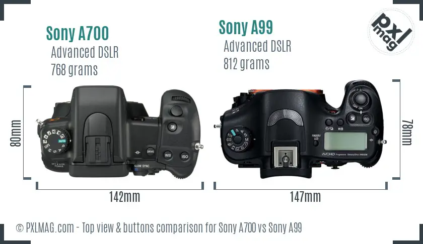 Sony A700 vs Sony A99 top view buttons comparison