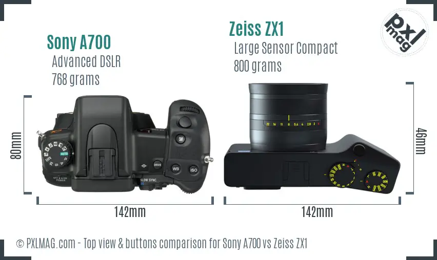 Sony A700 vs Zeiss ZX1 top view buttons comparison