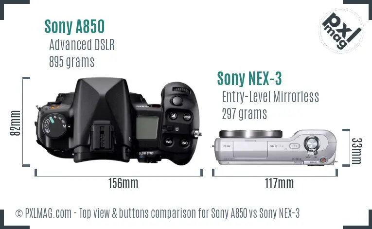 Sony A850 vs Sony NEX-3 top view buttons comparison