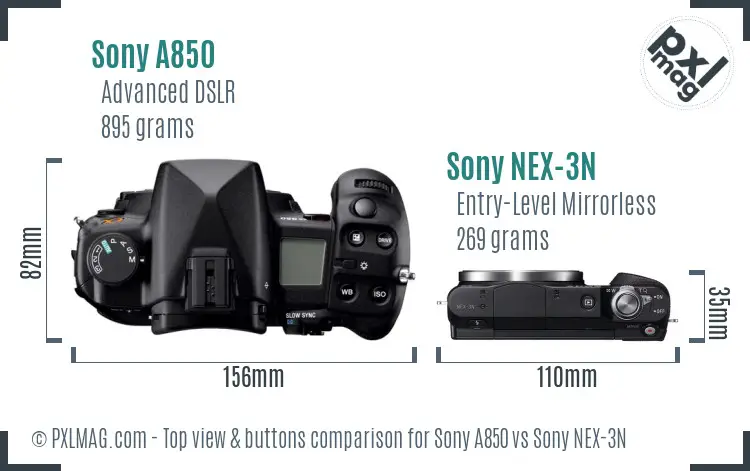 Sony A850 vs Sony NEX-3N top view buttons comparison