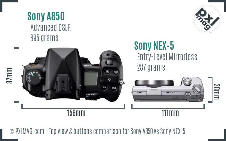 Sony A850 vs Sony NEX-5 top view buttons comparison