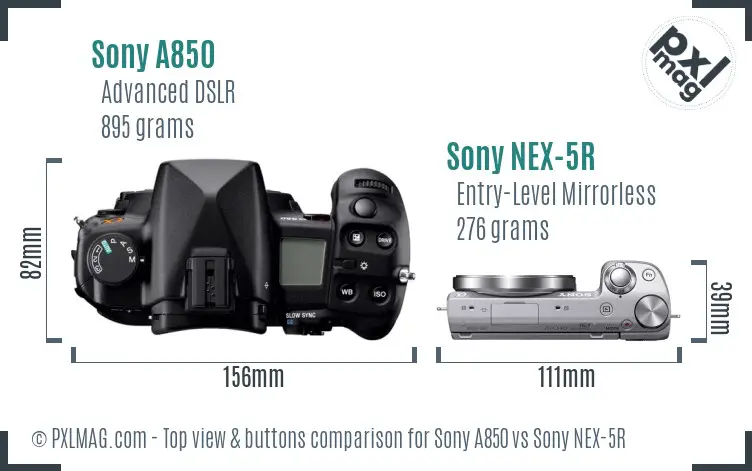 Sony A850 vs Sony NEX-5R top view buttons comparison