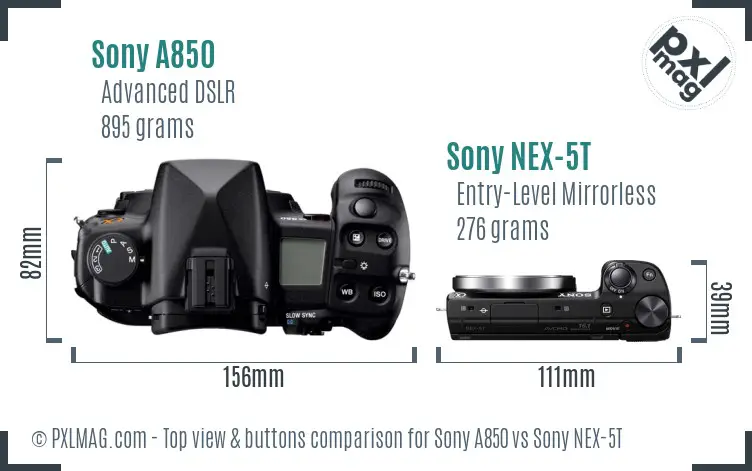 Sony A850 vs Sony NEX-5T top view buttons comparison
