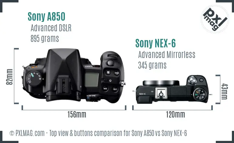 Sony A850 vs Sony NEX-6 top view buttons comparison