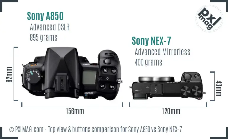 Sony A850 vs Sony NEX-7 top view buttons comparison
