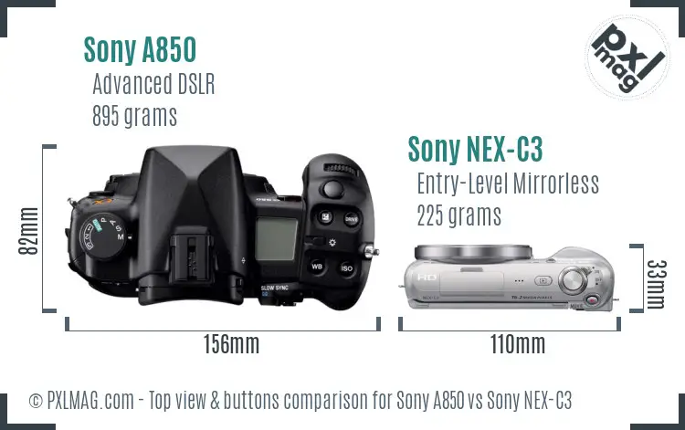 Sony A850 vs Sony NEX-C3 top view buttons comparison