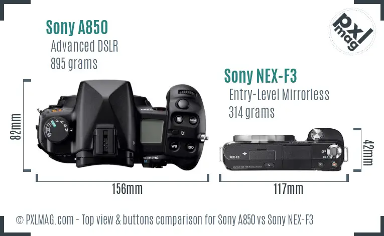 Sony A850 vs Sony NEX-F3 top view buttons comparison
