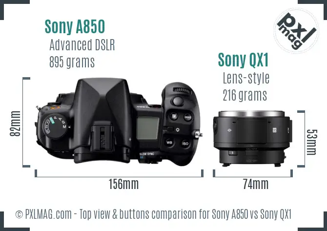 Sony A850 vs Sony QX1 top view buttons comparison