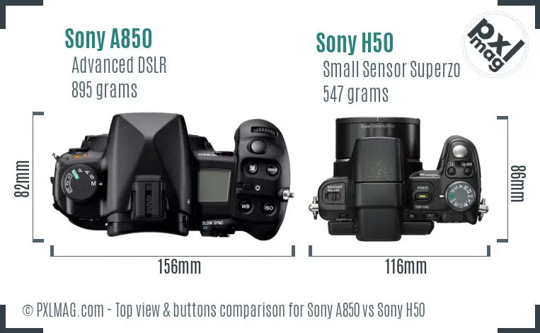 Sony A850 vs Sony H50 top view buttons comparison