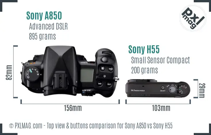 Sony A850 vs Sony H55 top view buttons comparison