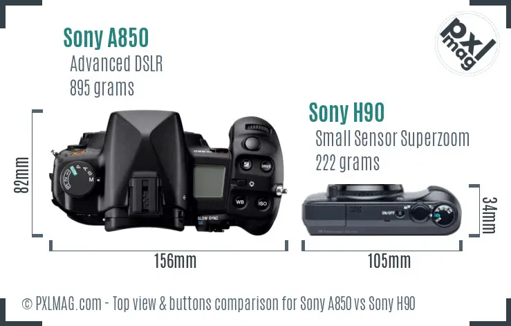 Sony A850 vs Sony H90 top view buttons comparison