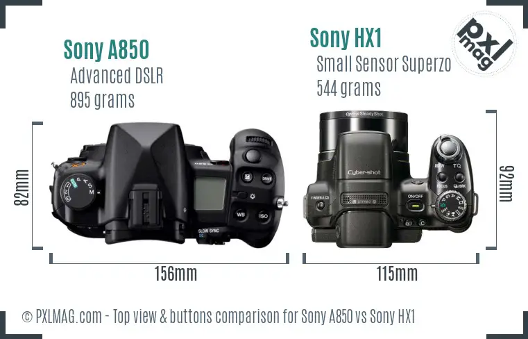 Sony A850 vs Sony HX1 top view buttons comparison