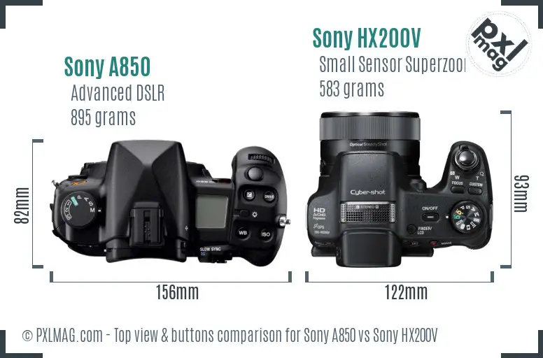 Sony A850 vs Sony HX200V top view buttons comparison