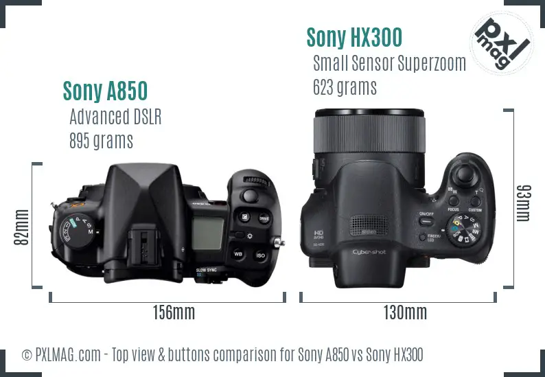Sony A850 vs Sony HX300 top view buttons comparison