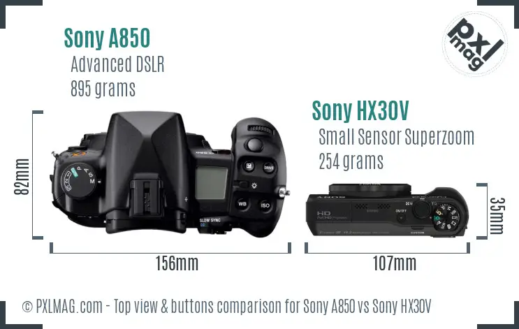 Sony A850 vs Sony HX30V top view buttons comparison