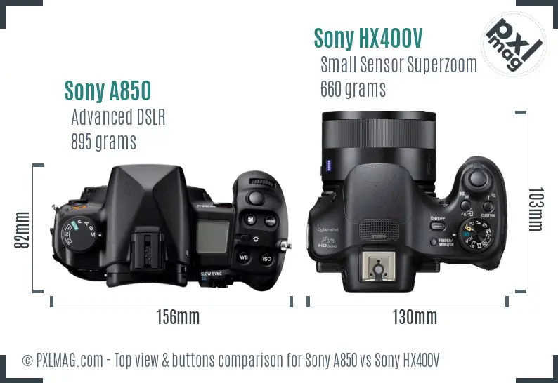 Sony A850 vs Sony HX400V top view buttons comparison