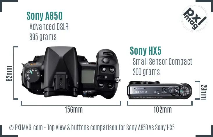 Sony A850 vs Sony HX5 top view buttons comparison