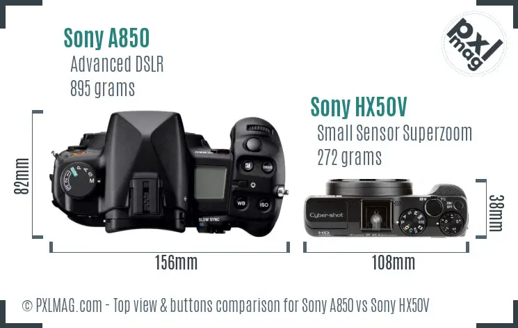 Sony A850 vs Sony HX50V top view buttons comparison