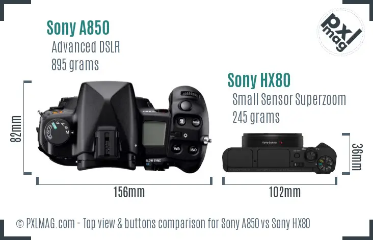 Sony A850 vs Sony HX80 top view buttons comparison
