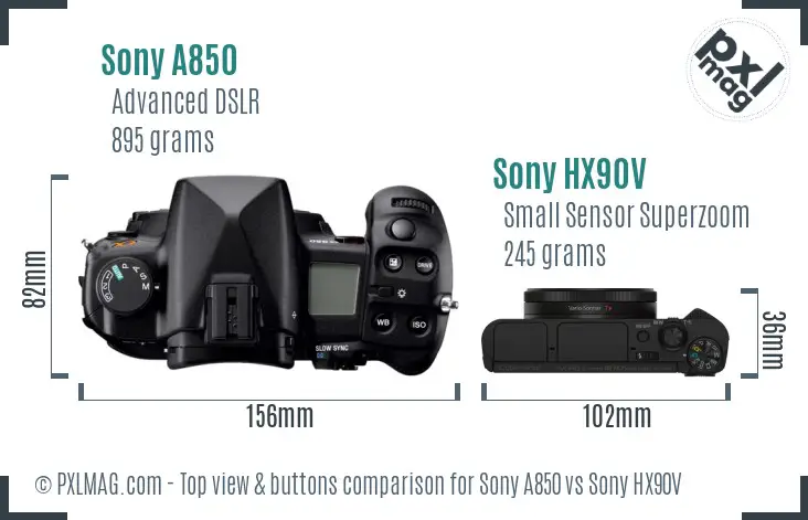 Sony A850 vs Sony HX90V top view buttons comparison