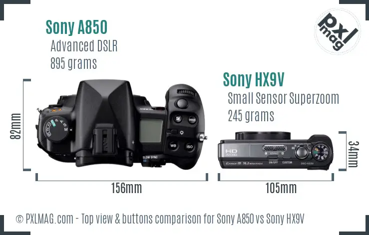 Sony A850 vs Sony HX9V top view buttons comparison