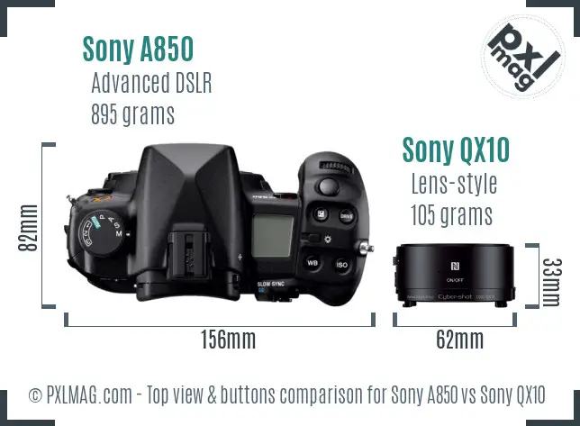 Sony A850 vs Sony QX10 top view buttons comparison