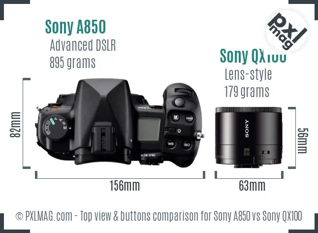 Sony A850 vs Sony QX100 top view buttons comparison