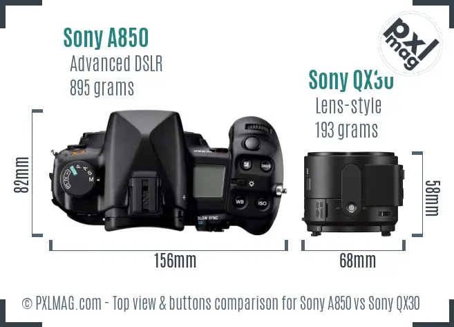 Sony A850 vs Sony QX30 top view buttons comparison