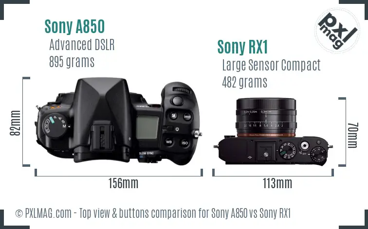 Sony A850 vs Sony RX1 top view buttons comparison