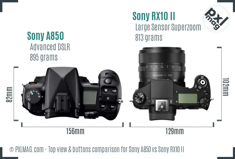 Sony A850 vs Sony RX10 II top view buttons comparison