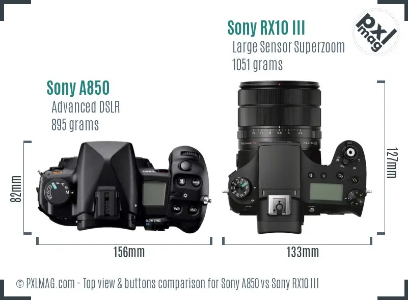 Sony A850 vs Sony RX10 III top view buttons comparison