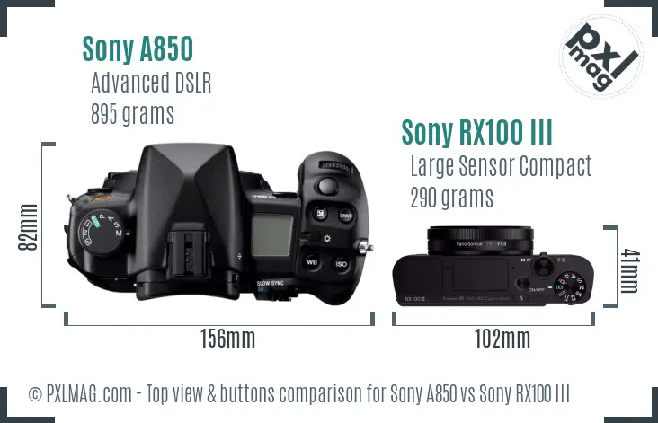 Sony A850 vs Sony RX100 III top view buttons comparison