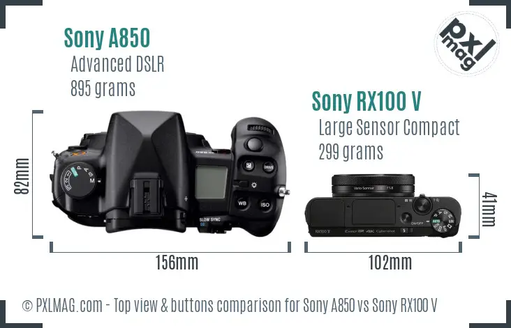 Sony A850 vs Sony RX100 V top view buttons comparison