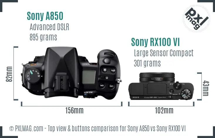 Sony A850 vs Sony RX100 VI top view buttons comparison