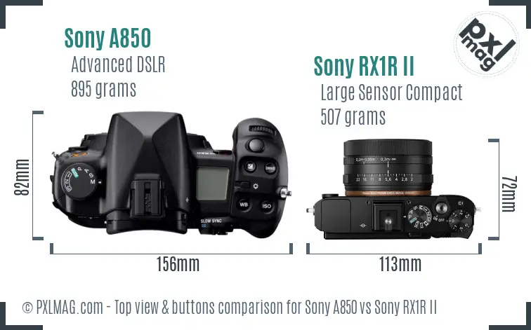 Sony A850 vs Sony RX1R II top view buttons comparison