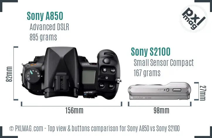 Sony A850 vs Sony S2100 top view buttons comparison