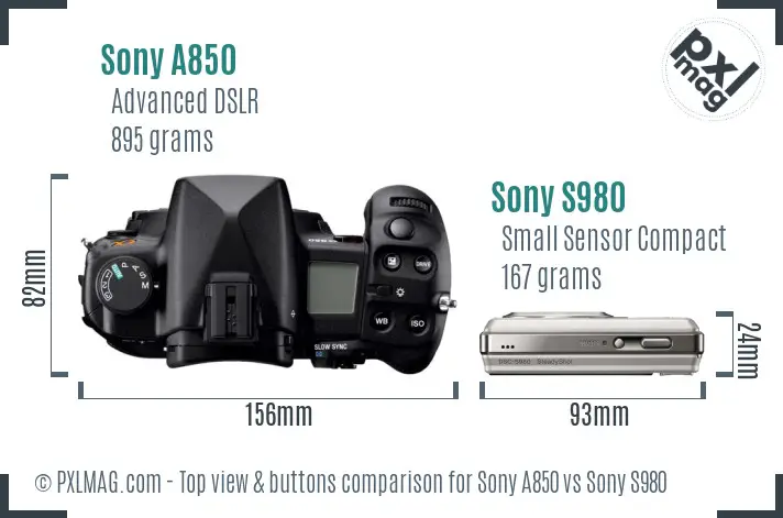 Sony A850 vs Sony S980 top view buttons comparison