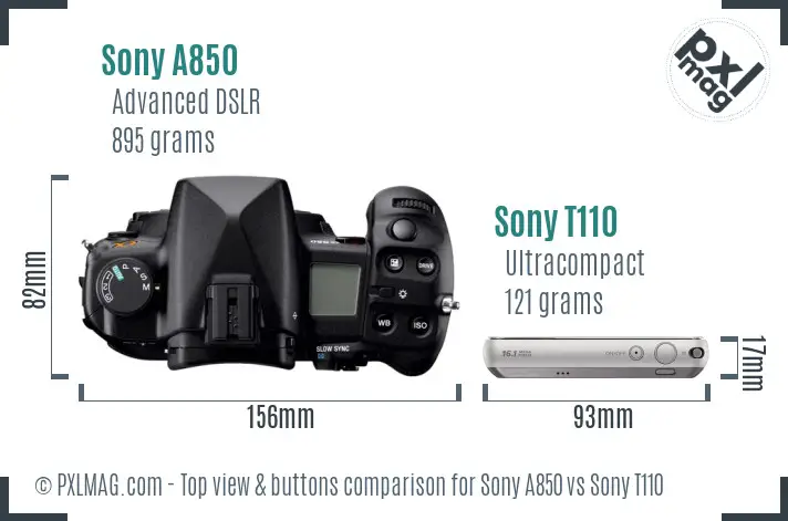 Sony A850 vs Sony T110 top view buttons comparison