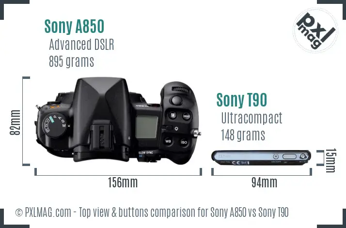 Sony A850 vs Sony T90 top view buttons comparison