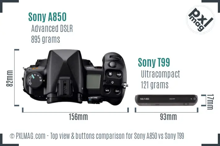 Sony A850 vs Sony T99 top view buttons comparison