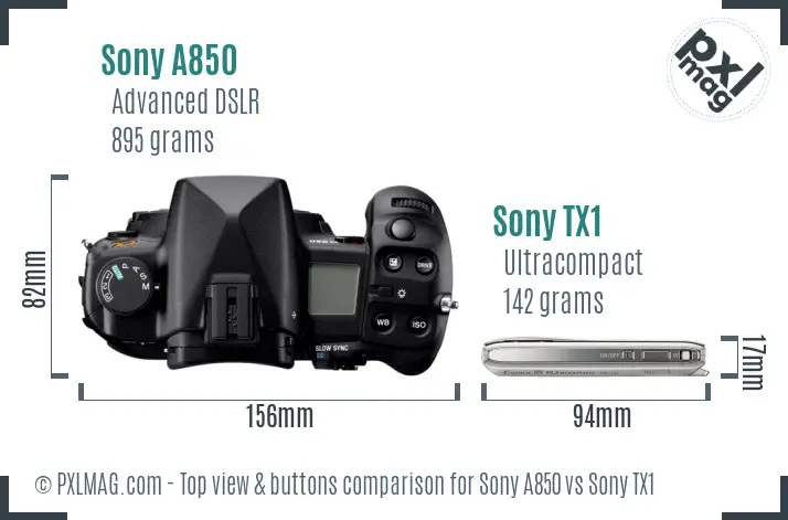 Sony A850 vs Sony TX1 top view buttons comparison