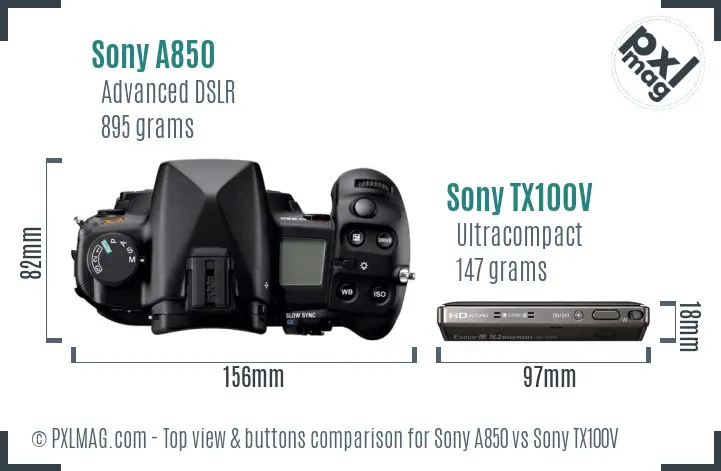 Sony A850 vs Sony TX100V top view buttons comparison