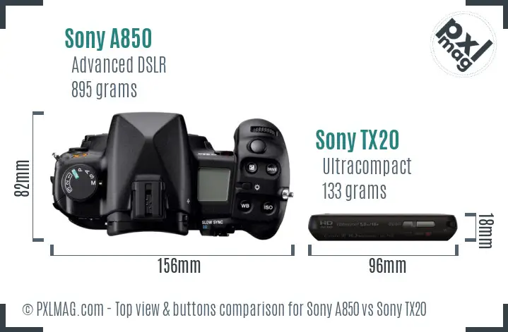 Sony A850 vs Sony TX20 top view buttons comparison