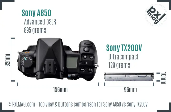 Sony A850 vs Sony TX200V top view buttons comparison