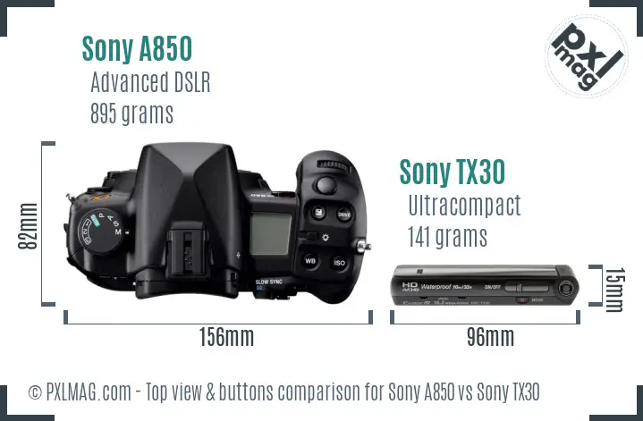 Sony A850 vs Sony TX30 top view buttons comparison