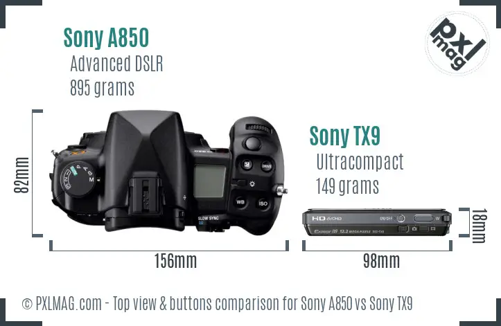 Sony A850 vs Sony TX9 top view buttons comparison